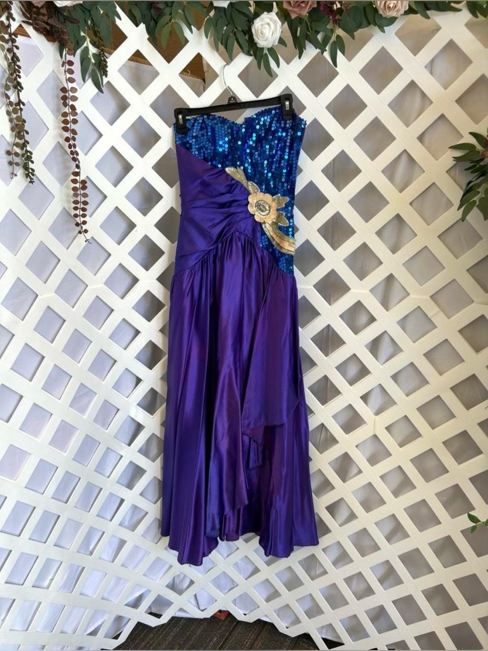 Vintage Nadine Purple Blue Sequin Strapless Prom Dress Gold Applique Formal Y2K